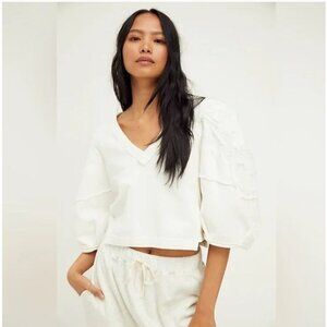 Free People Women's Alyssa Rose Cropped Top Lace V Neck Pullover SZ Medium White